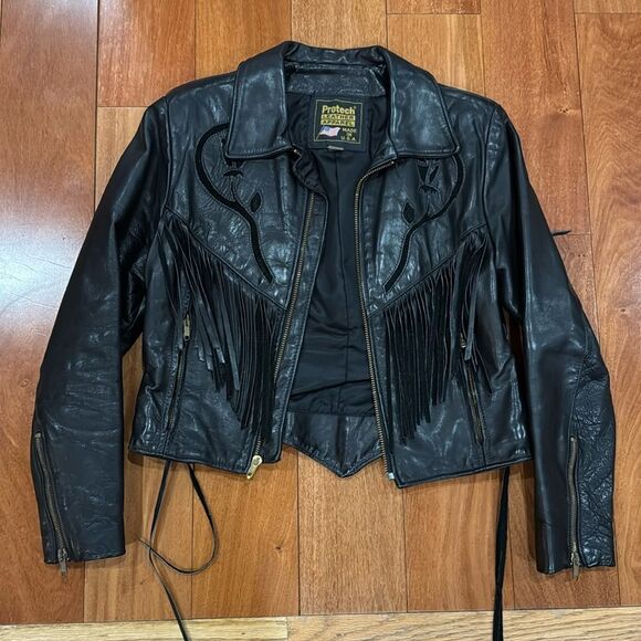 Protect Leather Apparel Vintage Bikers Black Leather Fringe Jacket USA size M - Picture 1 of 12